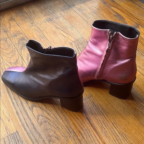 “Maeve” Pink and Black Two Tone Leather Ankle Boots, Booties - Picture 2 of 7